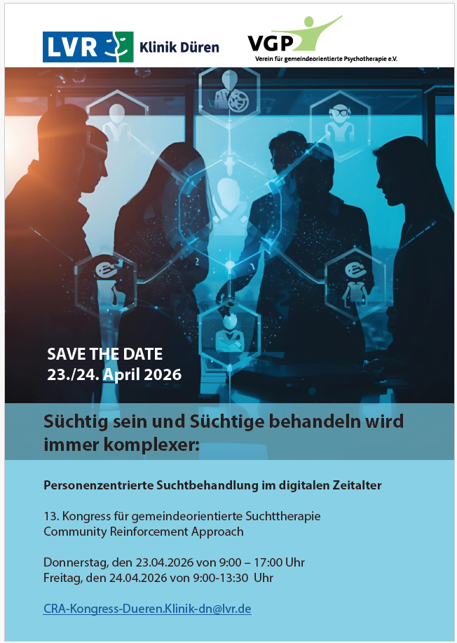 Save-the-Date-Informationen für den 13. Kongress für gemeindeorientiertes Suchttherapie
Community Reinforcement Approach (CRA)