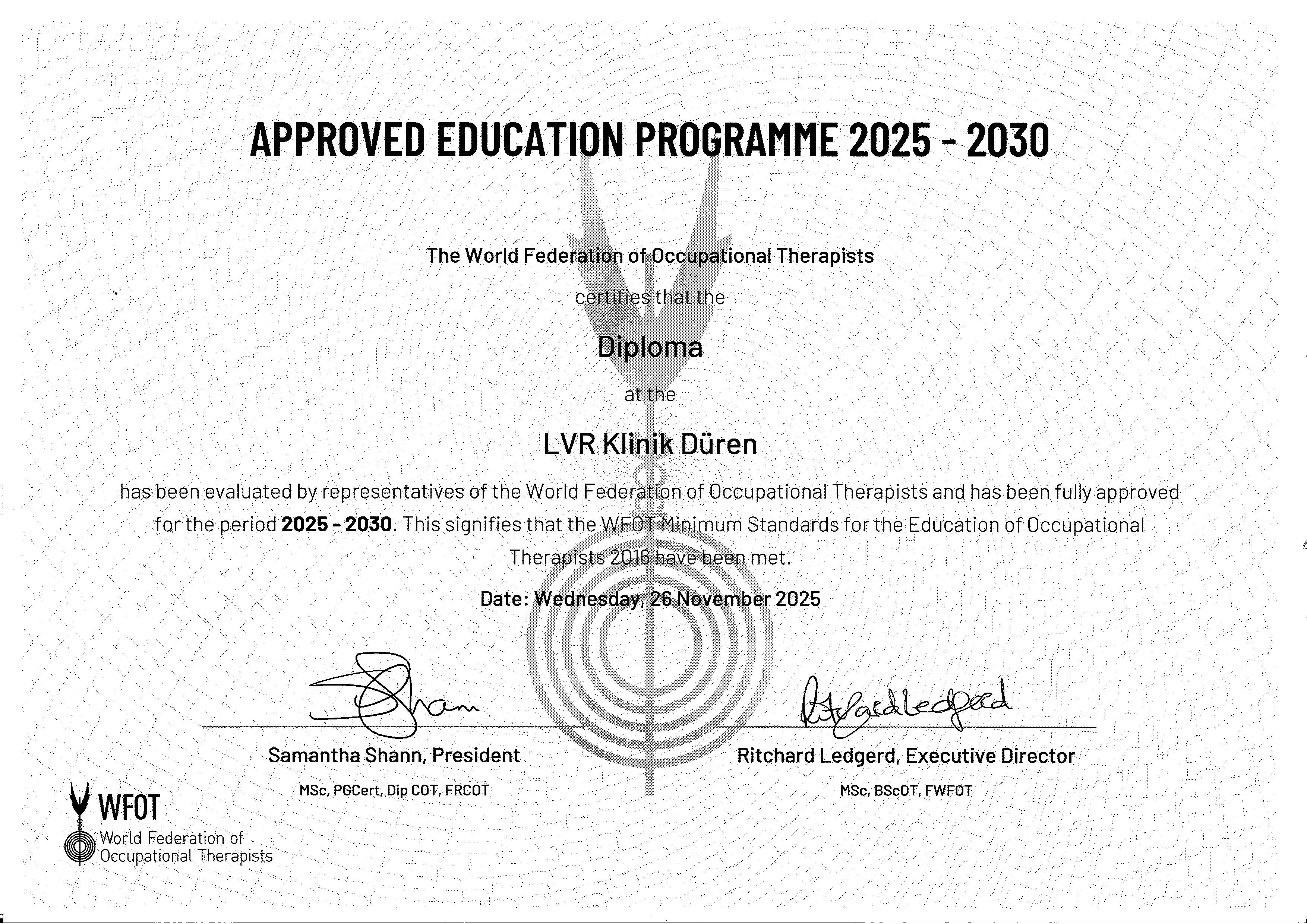 Urkunde über das zertifizierte Lernprogramm der Ergotherapieschule
