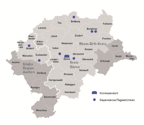 Karte der Einzugsgebiete der LVR-Klinik Düren mit Standorten der Einrichtungen